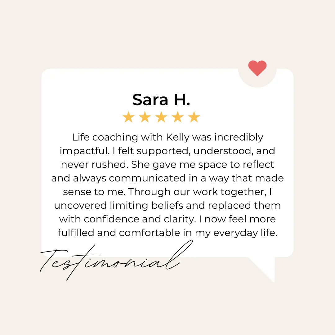 Testimonial from Sara H. praising life coaching with Kelly Knower in Orange MA, highlighting support, clarity, and personal transformation.