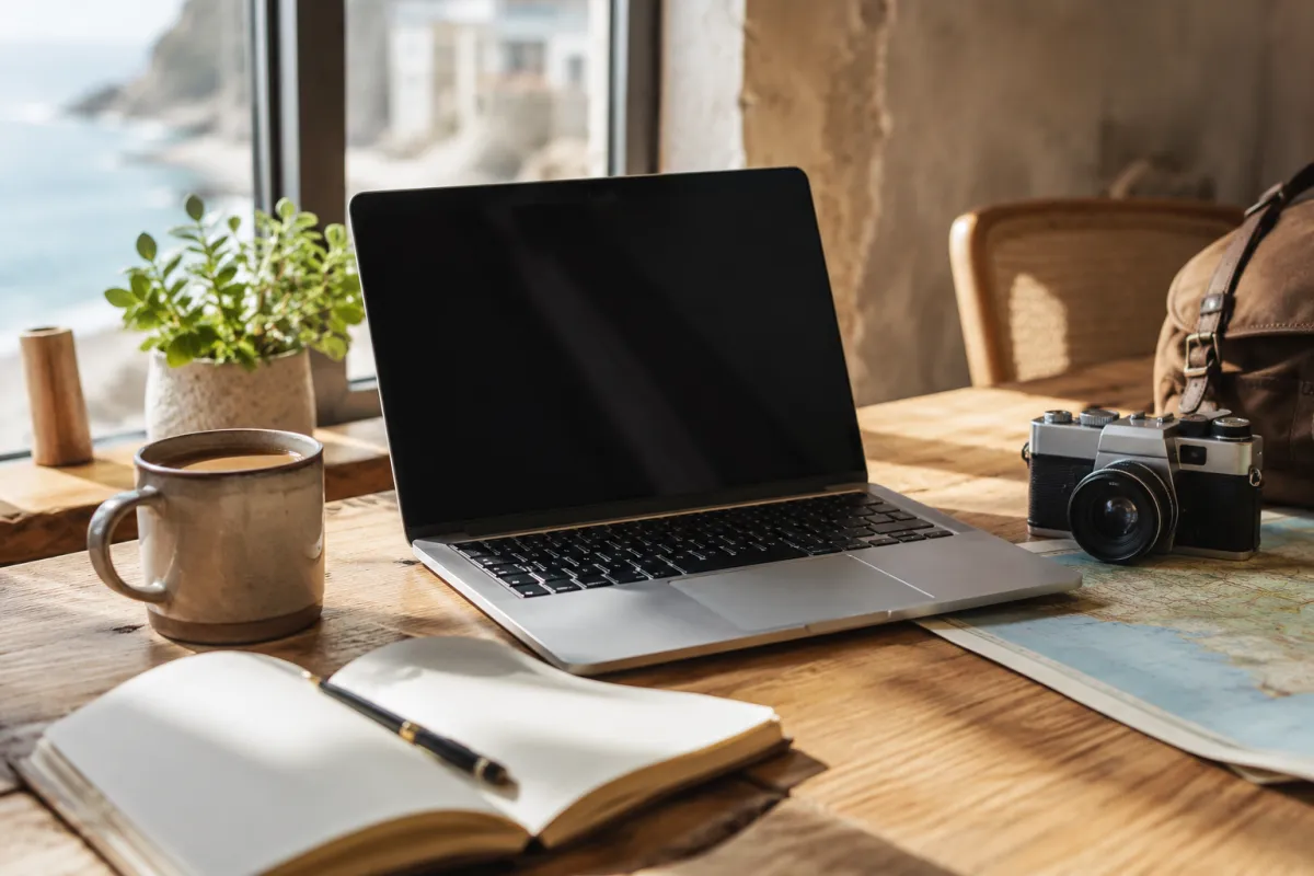 Laptop with travel planning notebook, map, camera, and coffee for newsletter signup