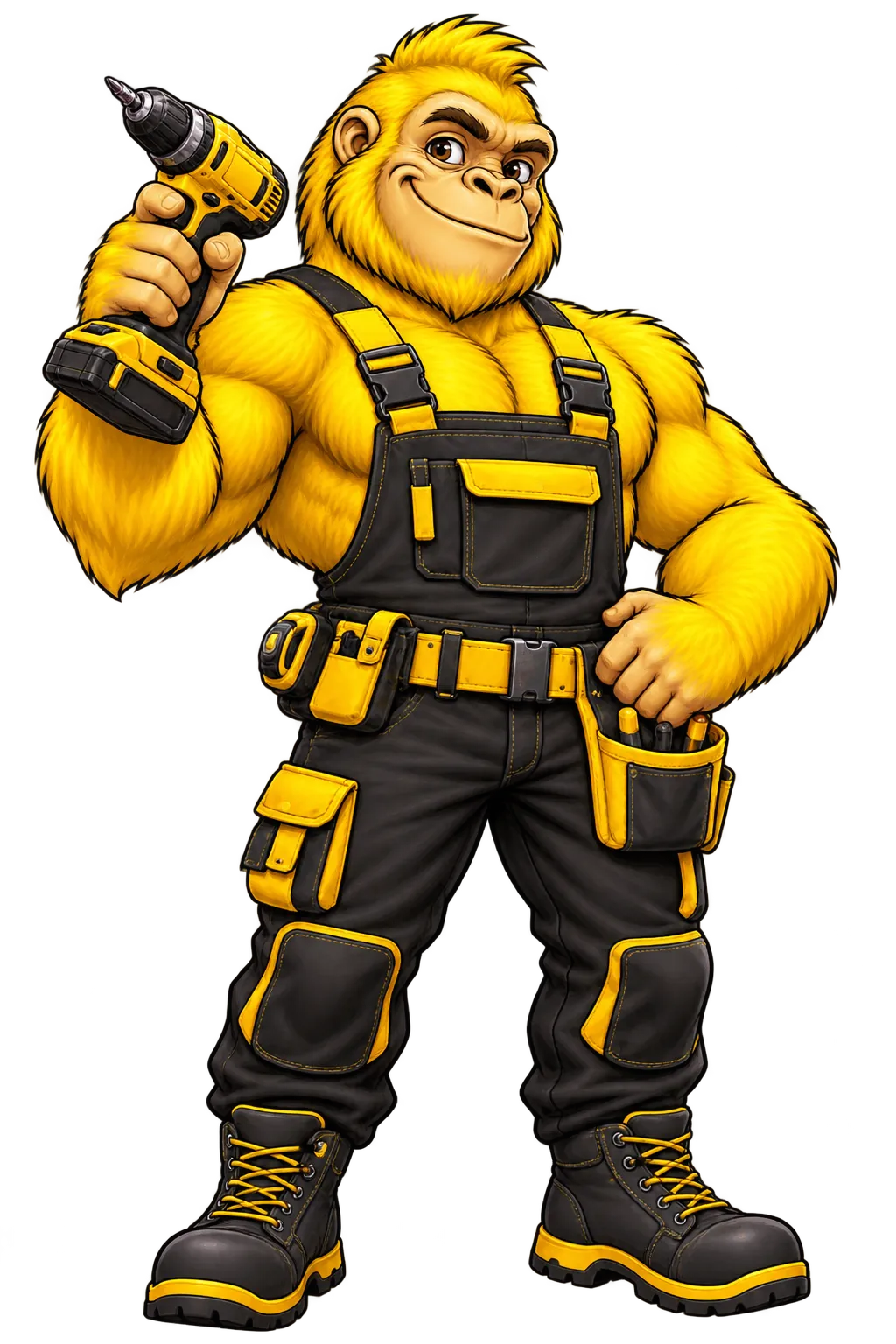 Illustration of a muscular, golden-armored figure wearing a hard hat, arms crossed, standing tall.