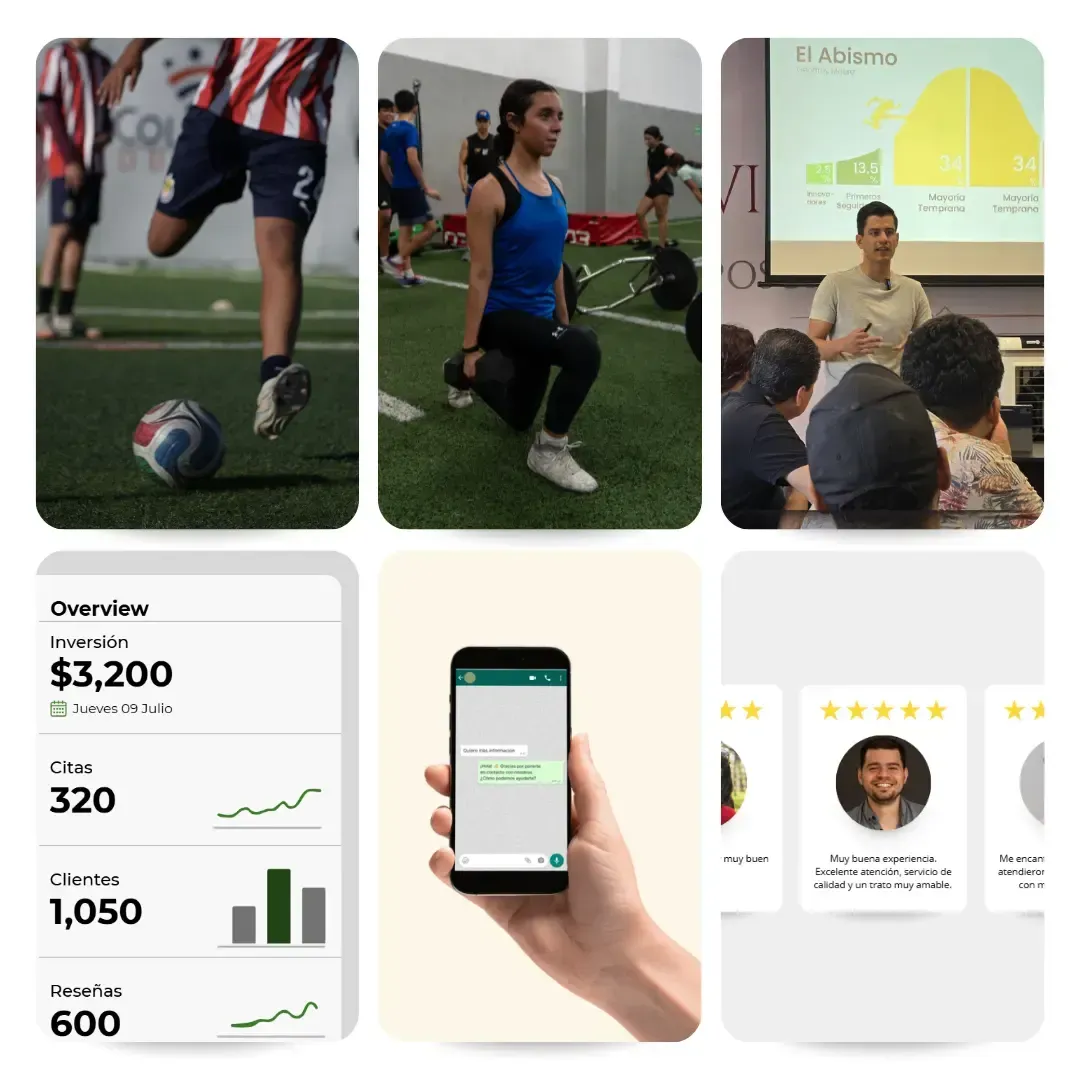 Collage moderno mostrando niños entrenando, plataforma de gestión, aplicación de WhatsApp y reseñas de Google 5 estrellas