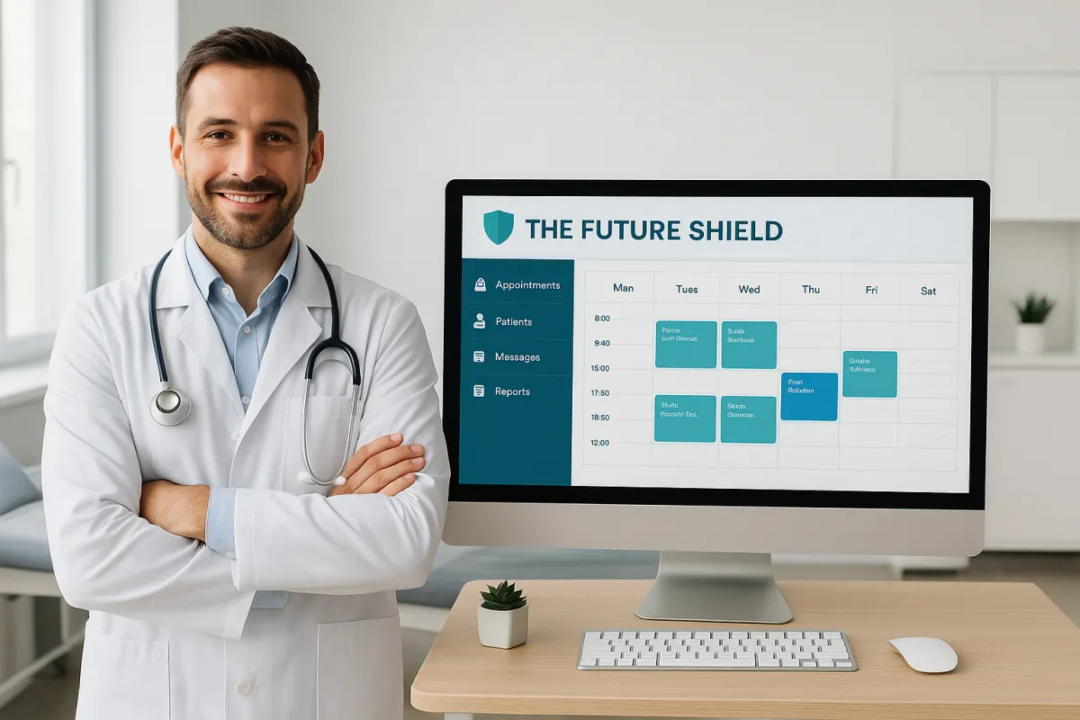 A middle-aged man in business attire checking his phone for available doctor appointments while waiting at a train station. The phone screen displays a calendar with highlighted time slots. The scene is urban, with commuters in the background.