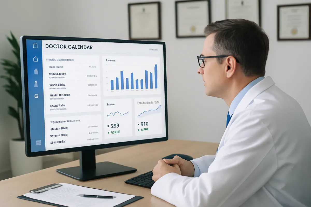 A friendly healthcare support representative, a woman in her 40s with a headset, smiling at her desk in a bright office. A computer monitor displays a chat window. The background shows a welcoming, professional workspace.