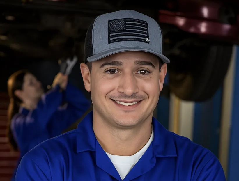 Jesse Wagner, owner and operator of Bluegrass Detailing & Polishing in Highland Heights, KY, standing in a shop in a blue jumpsuit holding a wrench and smiling. Meet Jesse Wagner, owner of Bluegrass Detailing & Polishing in Highland Heights, KY. Trusted for expert ceramic coatings, paint correction, and mobile detailing.