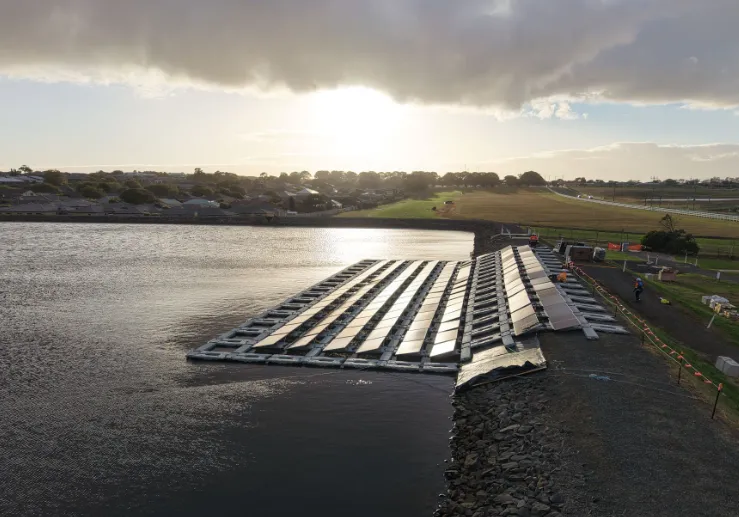 Australia's largest floating solar array at sunset — 500 kW installation in regional Victoria