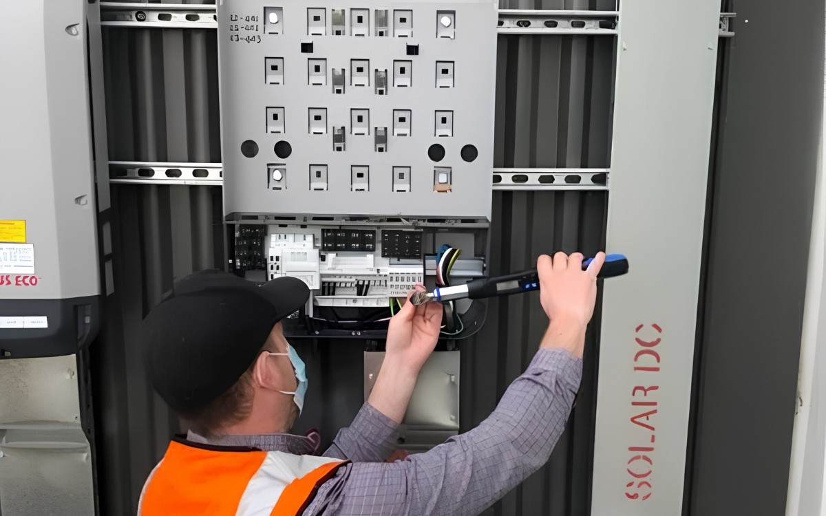Solar engineer in high-visibility vest using a multimeter to test connections inside an open DC isolator panel labelled SOLAR DC