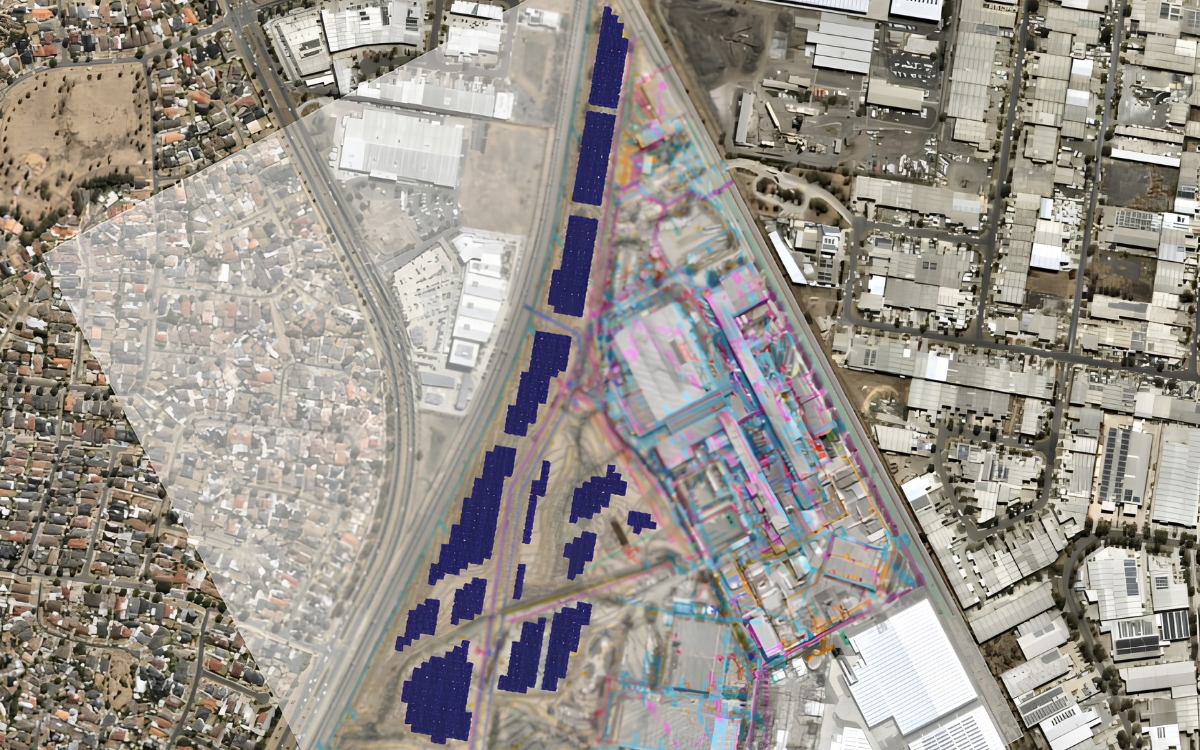 15MW solar PV layout overlaid on industrial site — concept design