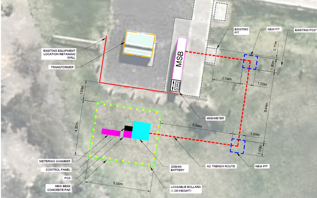 Battery energy storage site plan — 250kWh layout with trench routing 