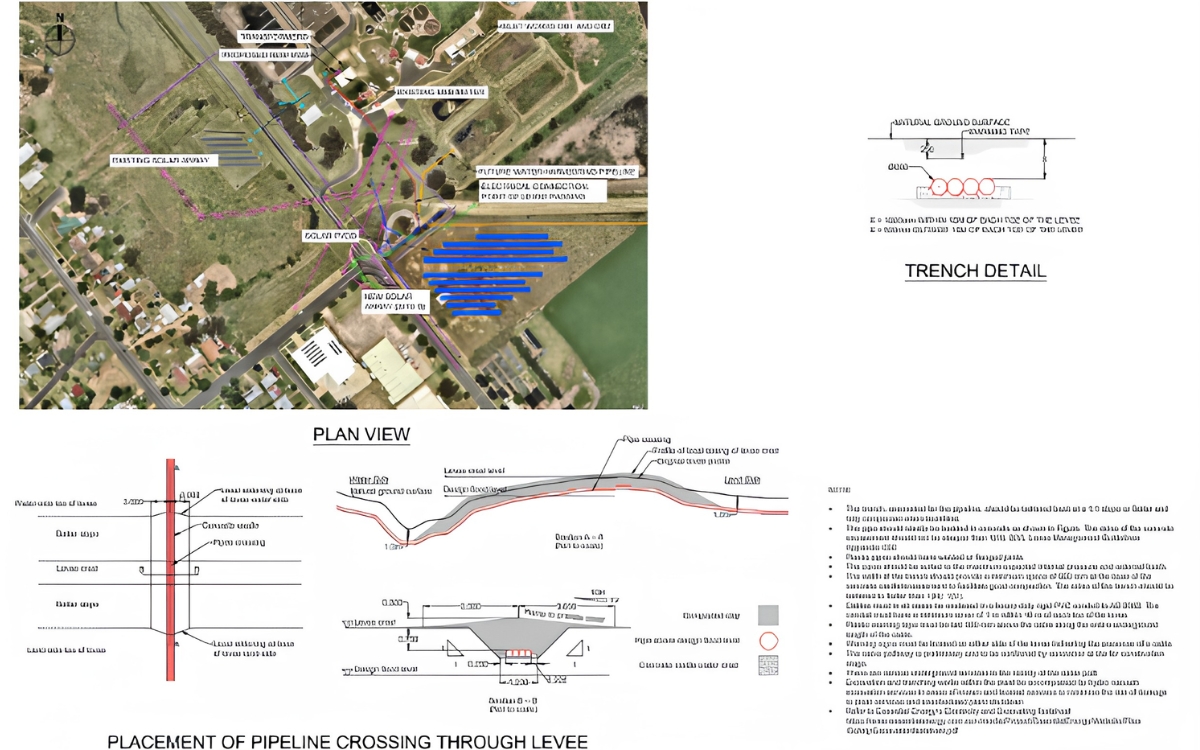 Engineering drawing for solar farm tender — trench details and plan view 