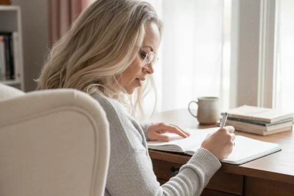 Dara Koenig writing in a journal beside a sunlit window, accompanying a reflection on believing God's Word about our identity in Christ.