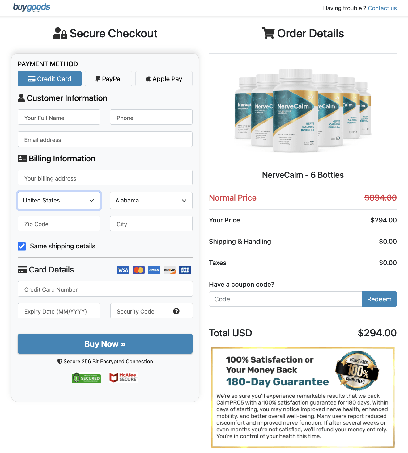 NerveCalm order page
