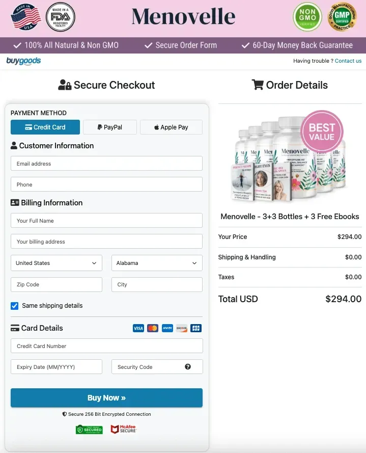 Menovelle order page