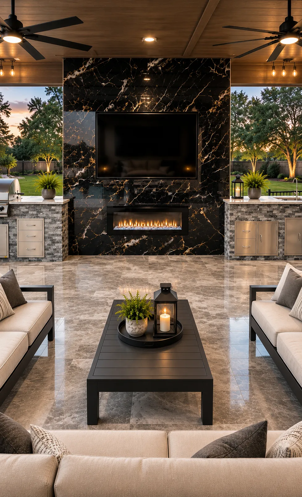 Outdoor stone fireplace with a covered seating area