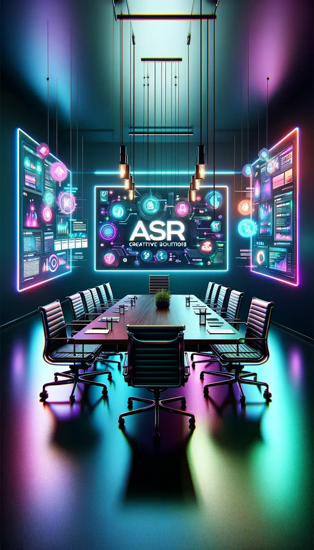 dark conference room showing digital content creation on brightly lit screens