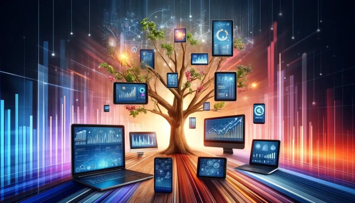 Tree surrounded by digital devices displaying charts