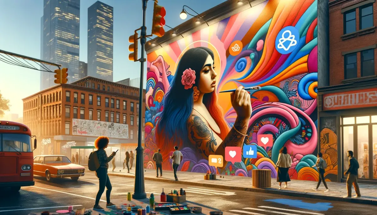Mural of brunette woman painted on a wall with pedestrians walking past