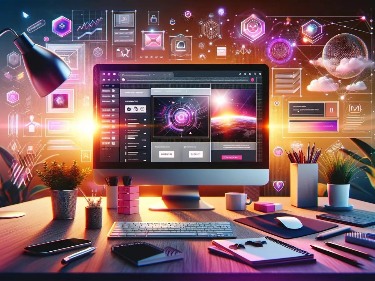 Office facing sunset with a computer showing a website being created
