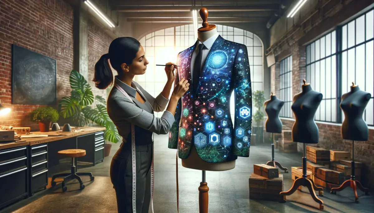 brunette woman tailoring a blazer covered in digital symbols