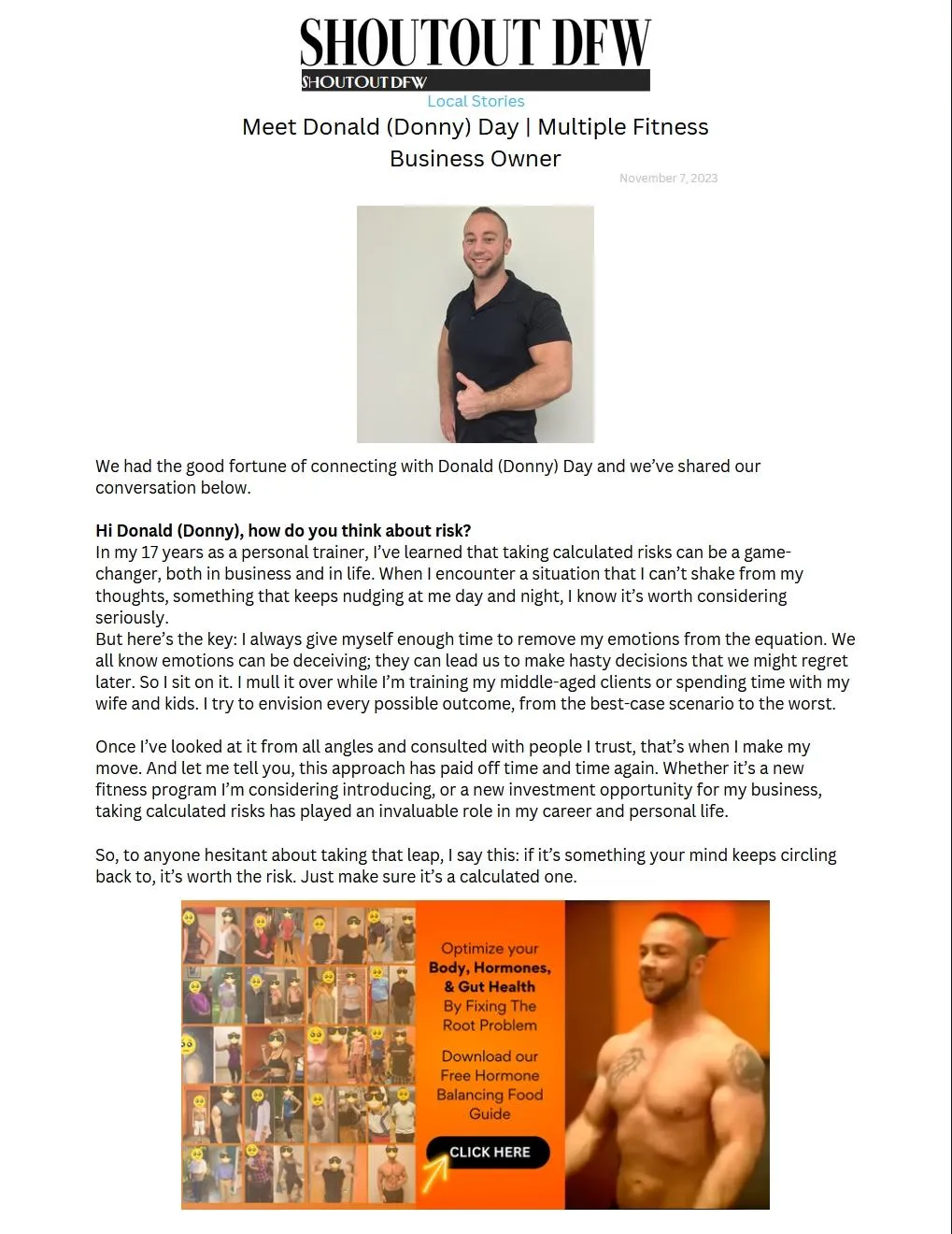 Donald (Donny) Day, fitness business owner and personal trainer, smiling in a black shirt, promoting Peak Zone Fitness and its programs.