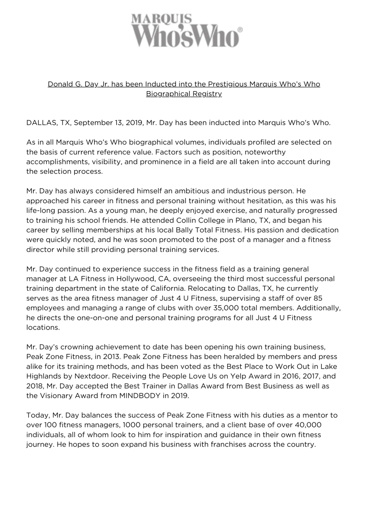Donald G. Day Jr. featured in Marquis Who's Who biographical registry announcement, highlighting his achievements in fitness training and entrepreneurship with Peak Zone Fitness.