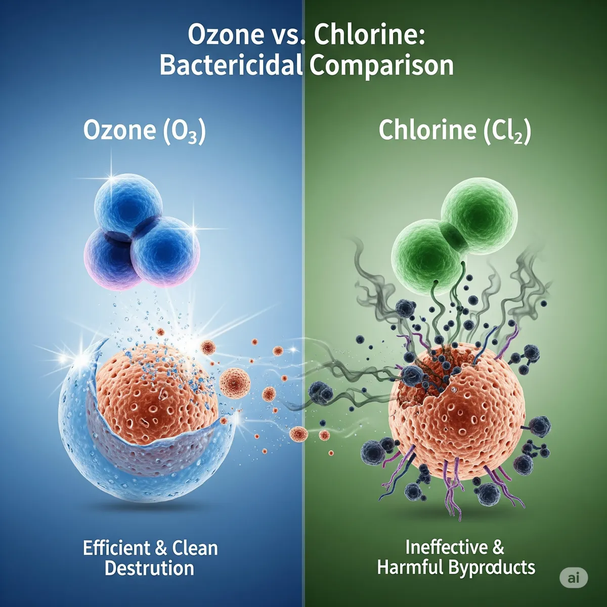 Diagrama comparativo que muestra la molécula de ozono O3 destruyendo una bacteria de forma rápida y limpia, en contraste con el cloro.
