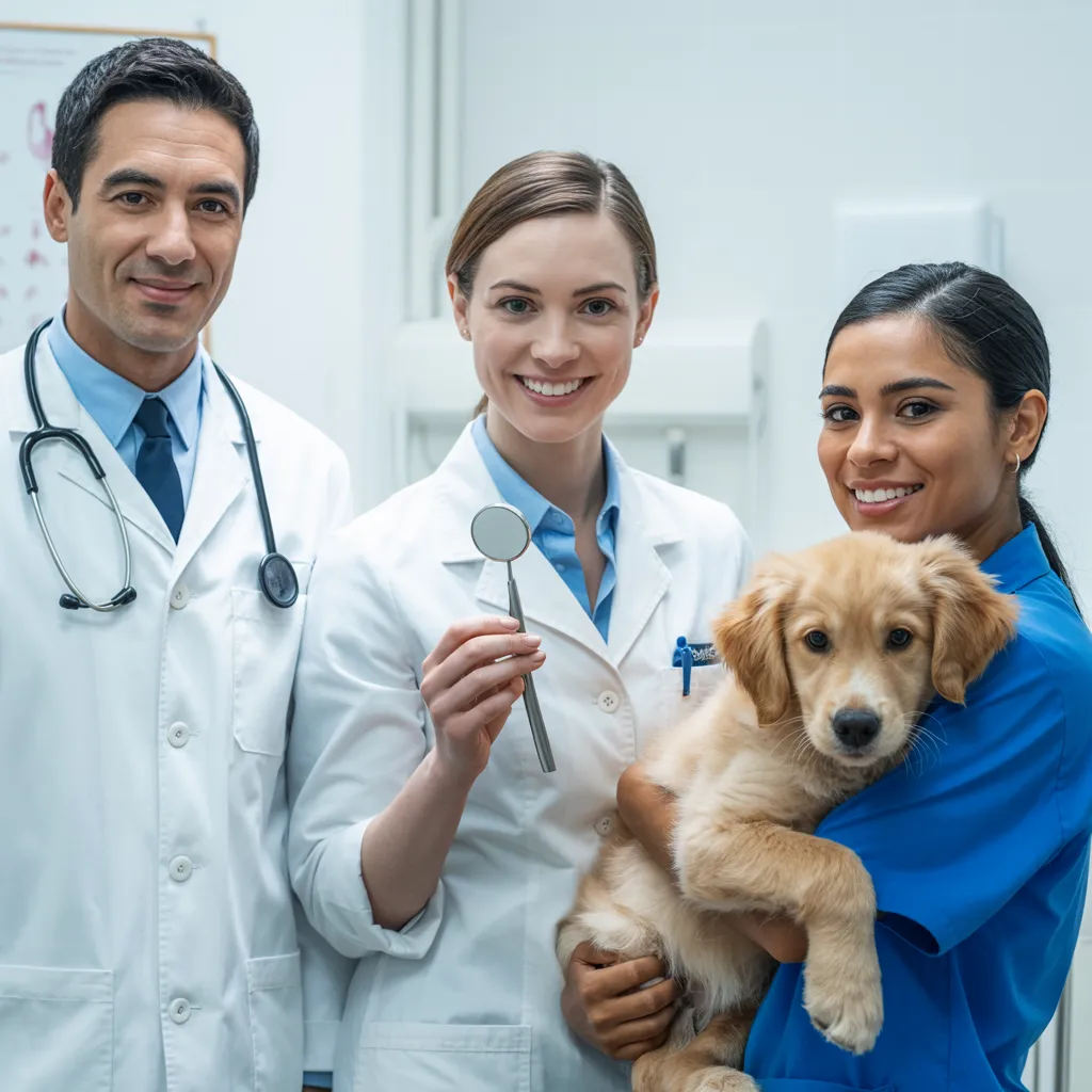 Imagen de un médico, una odontóloga, y una veterinaria sosteniendo un cachorro