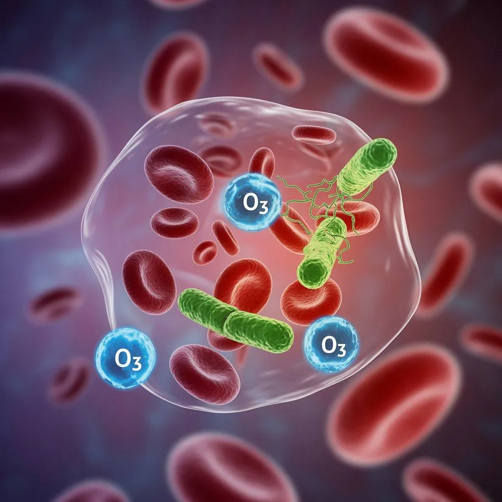 imagen del ozono actuando contra bacterias en el torrente sanguíneo y protegiendo a los eritrocitos