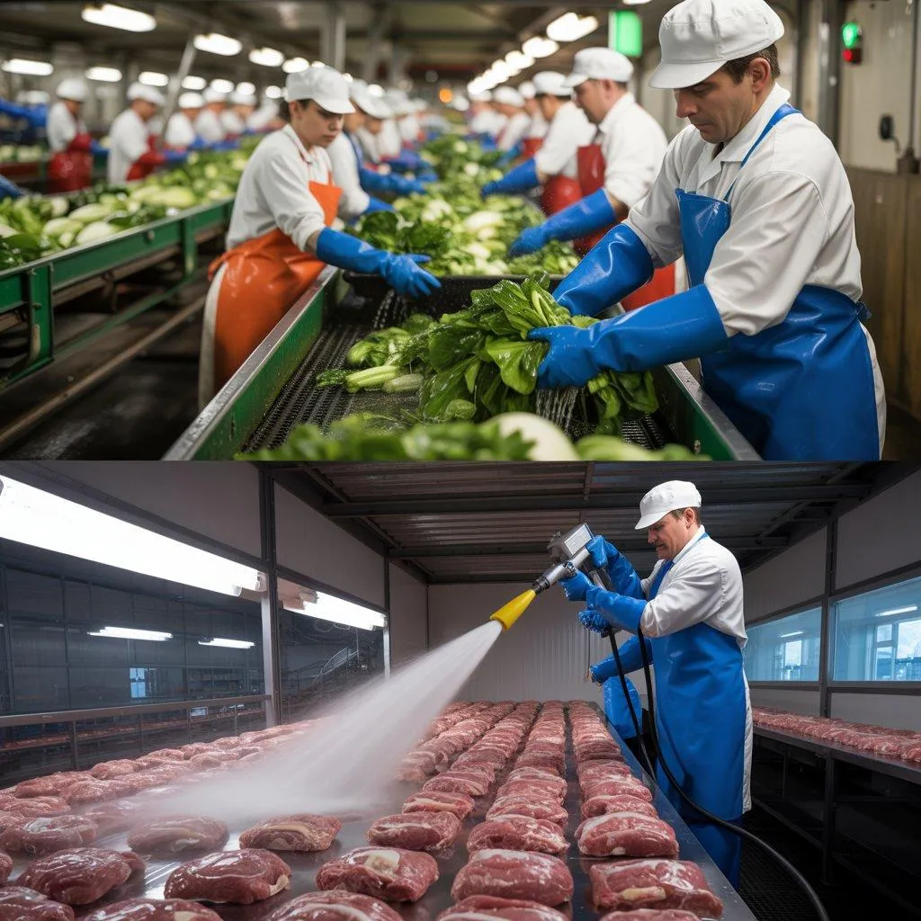una banda de lavado de vegetales y lavado de carne con agua ozonizada para desinfección