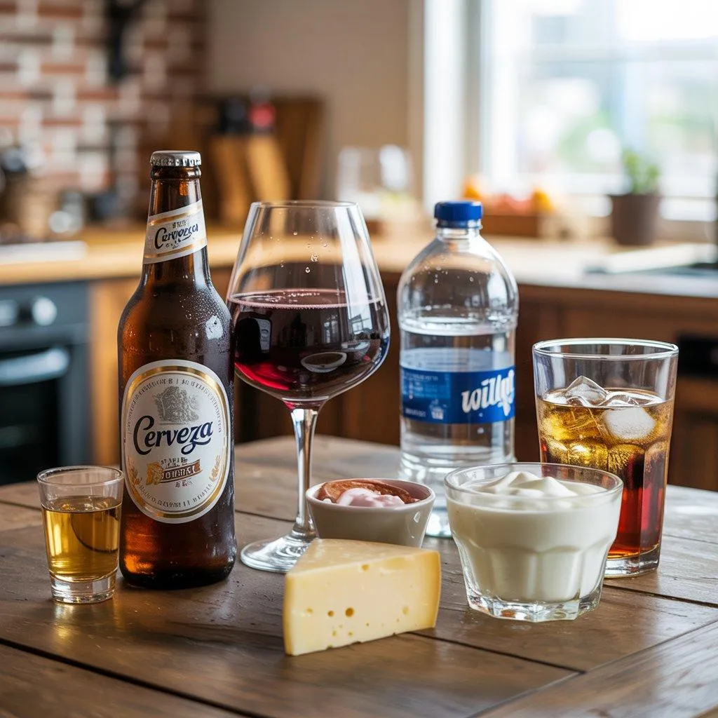 imagen de cerveza, vino, tequila, agua embotellada, refresco, hielos, queso, yogurt y crema en una mesa