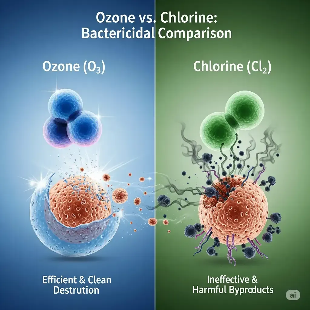 Diagrama comparativo que muestra la molécula de ozono O3 destruyendo una bacteria de forma rápida y limpia, en contraste con el cloro.