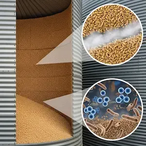 Silos con granos de trigo desinfectados con ozono