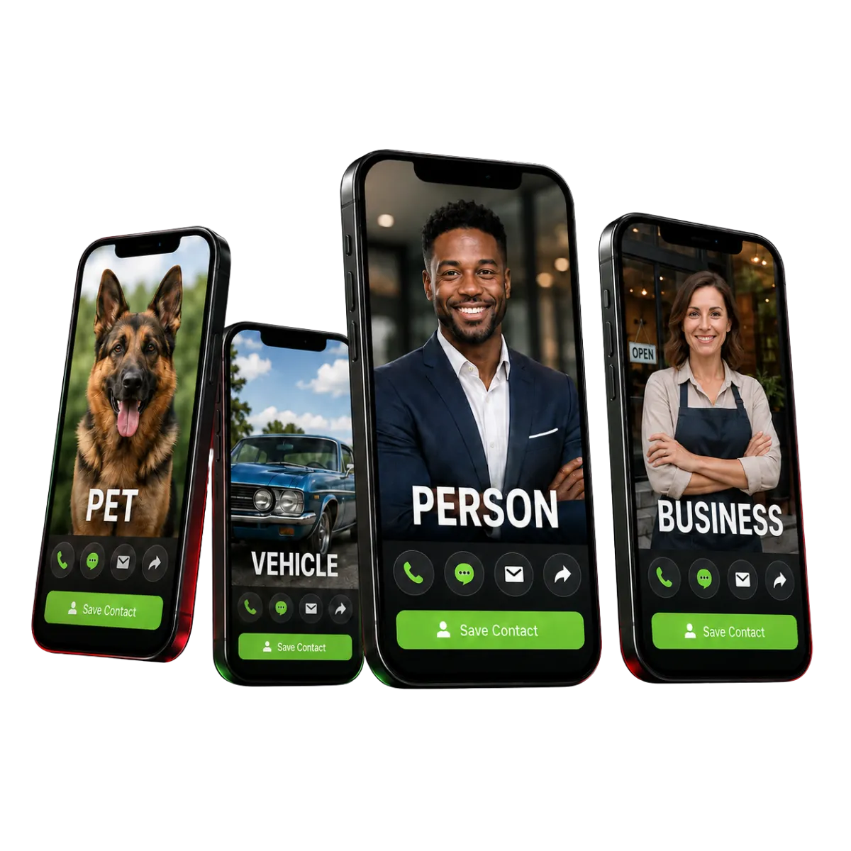 Floating cluster of realistic smartphones displaying diverse Smart Digital Card profiles