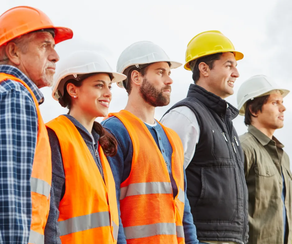 A group of six construction workers in safety vests and helmets stand in a line.