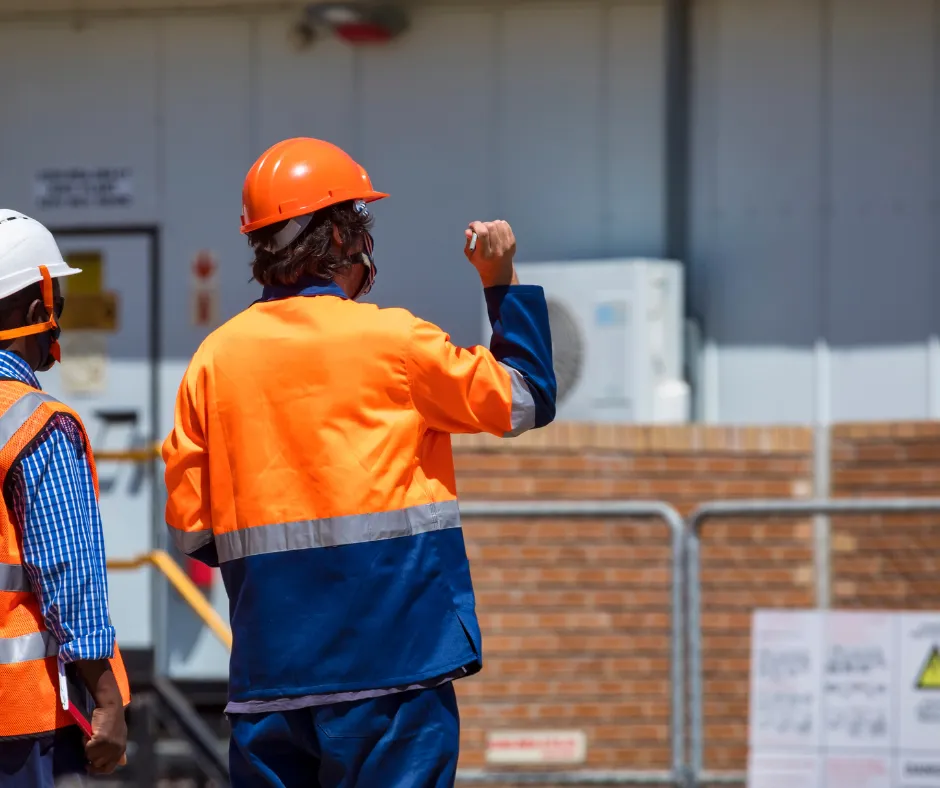 Two construction workers in orange safety gear discuss plans outdoors.