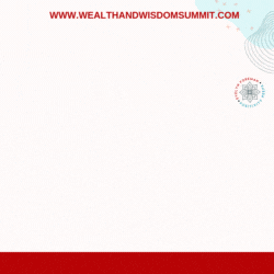 Animated text promoting the Wealth and Wisdom Summit website, featuring a dynamic background