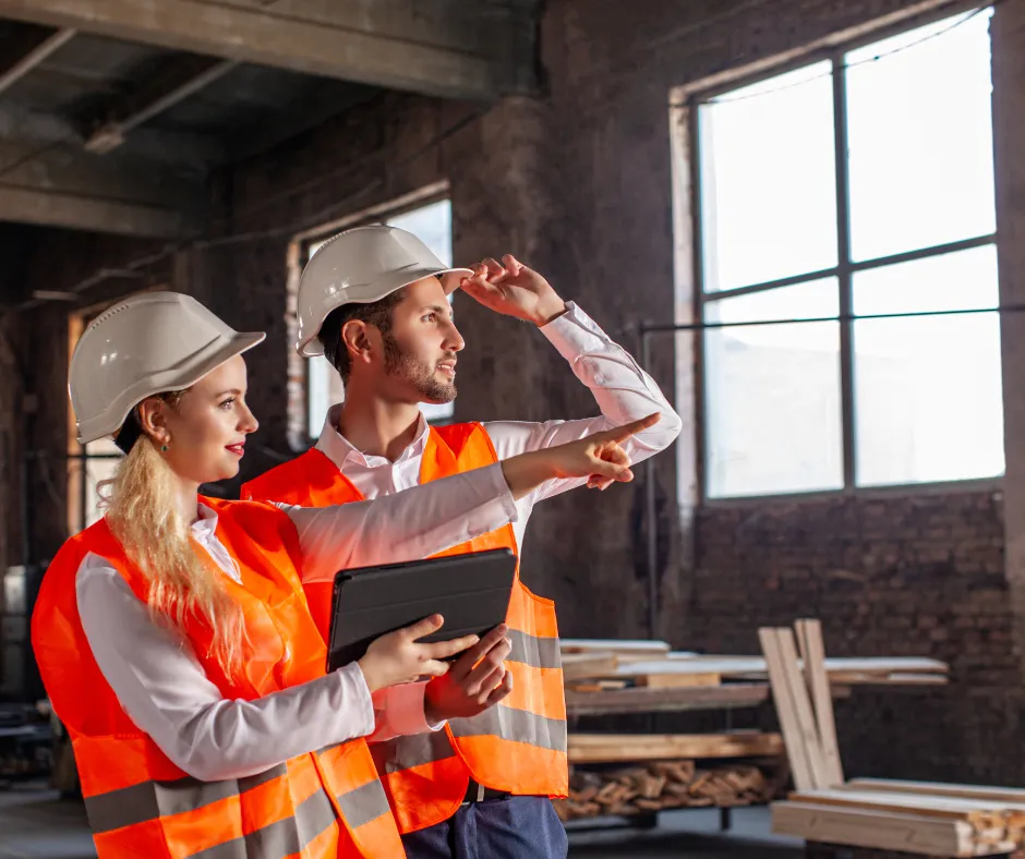Two construction workers in safety vests and helmets discuss plans while holding a tablet.