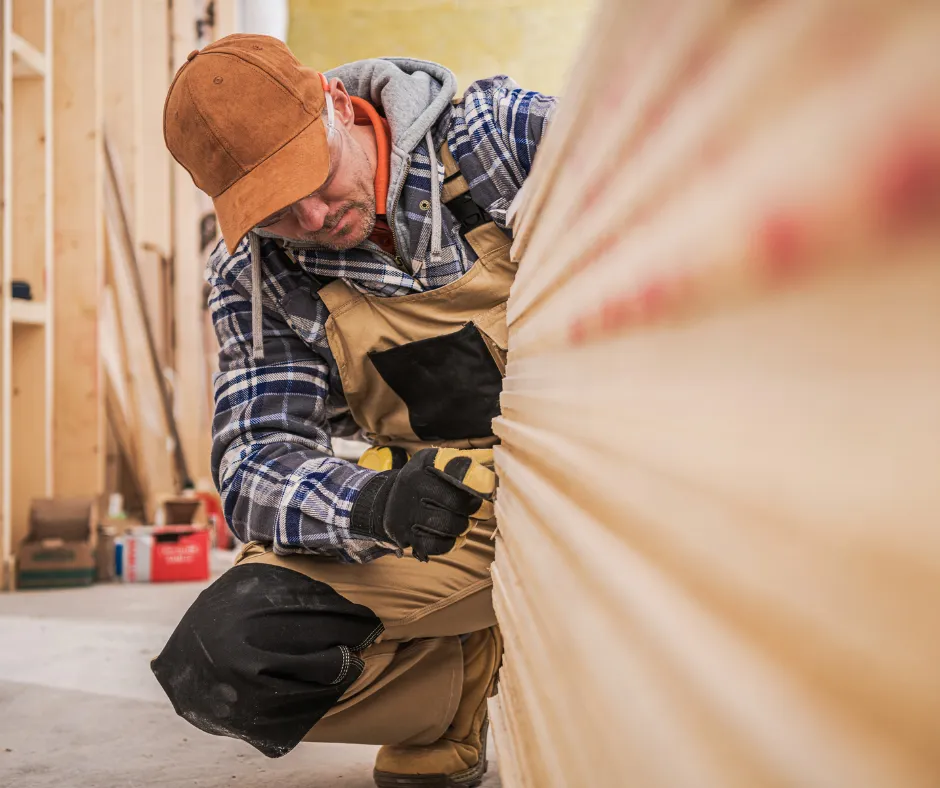 A worker in a plaid shirt and overalls carefully inspects a stack of wooden planks in a workshop.