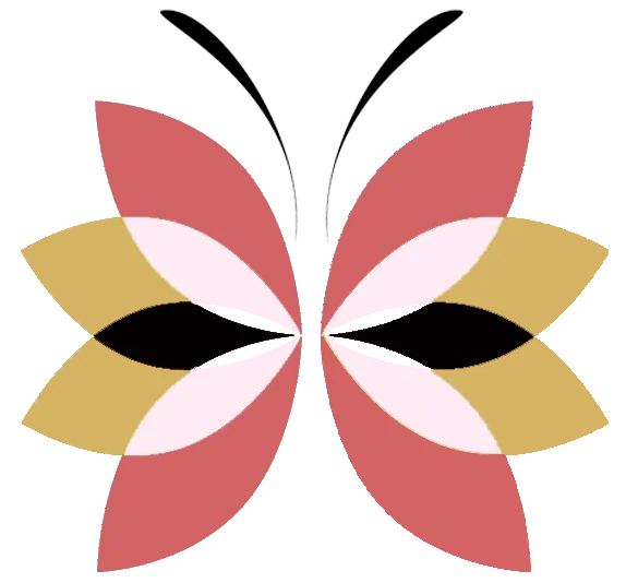 Abstract butterfly design with vibrant pink, yellow, and black shapes, featuring stylized wings and bold