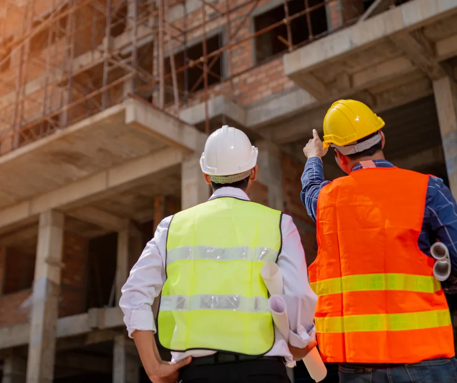 Two construction workers in safety gear observe a building site, one pointing at the structure.
