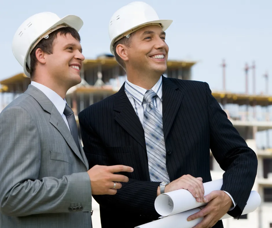 Two professionals in hard hats discuss a construction project while holding blueprints, with a building site seen in the background.