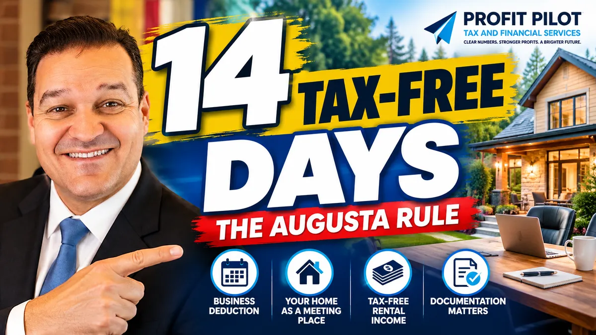 Man in a black suit and blue tie pointing at a caption "14 Tax Free Days", Augusta Rule