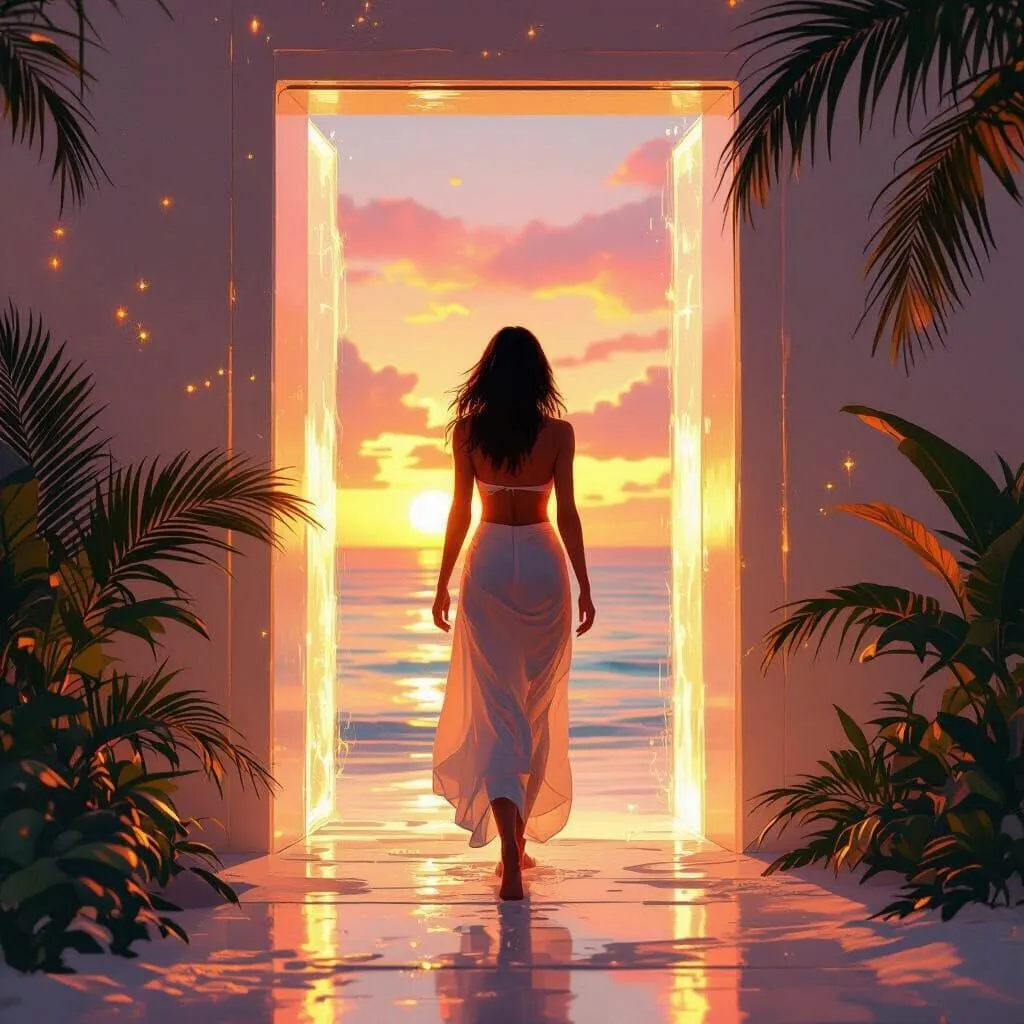 Woman stepping through a doorway into her future.