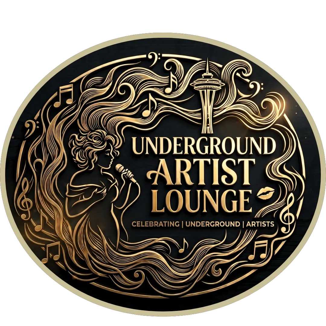 Underground Artist Lounge emblem with singer, Space Needle, and musical notes in gold