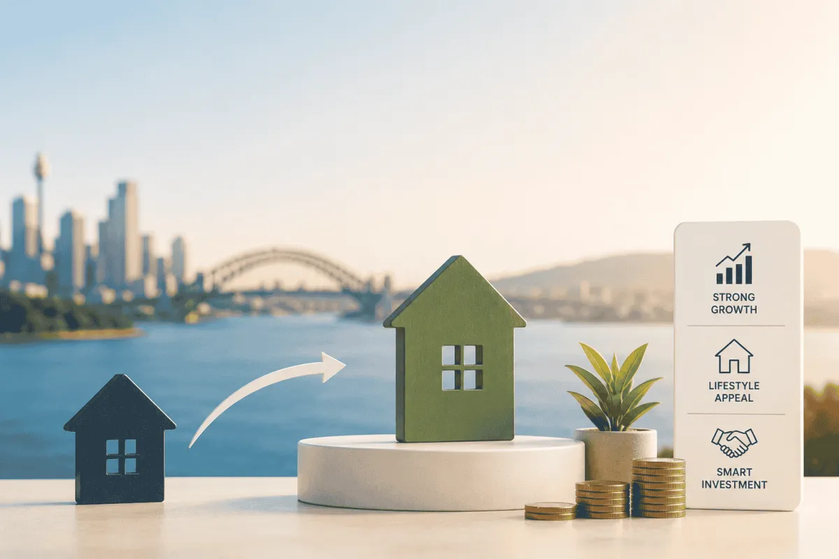 Sydney Harbour Bridge backdrop with house models and coins showing why Sydney buyers are attracted to Wollongong property investment after the federal budget