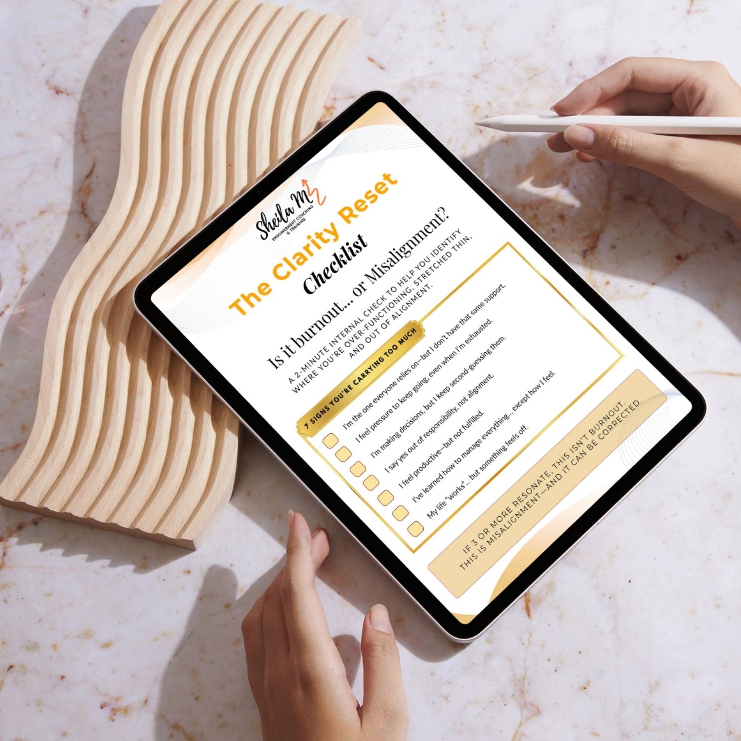 Clarity Reset Checklist lead magnet mockup on iPad with beige aesthetic, helping identify burnout or misalignment