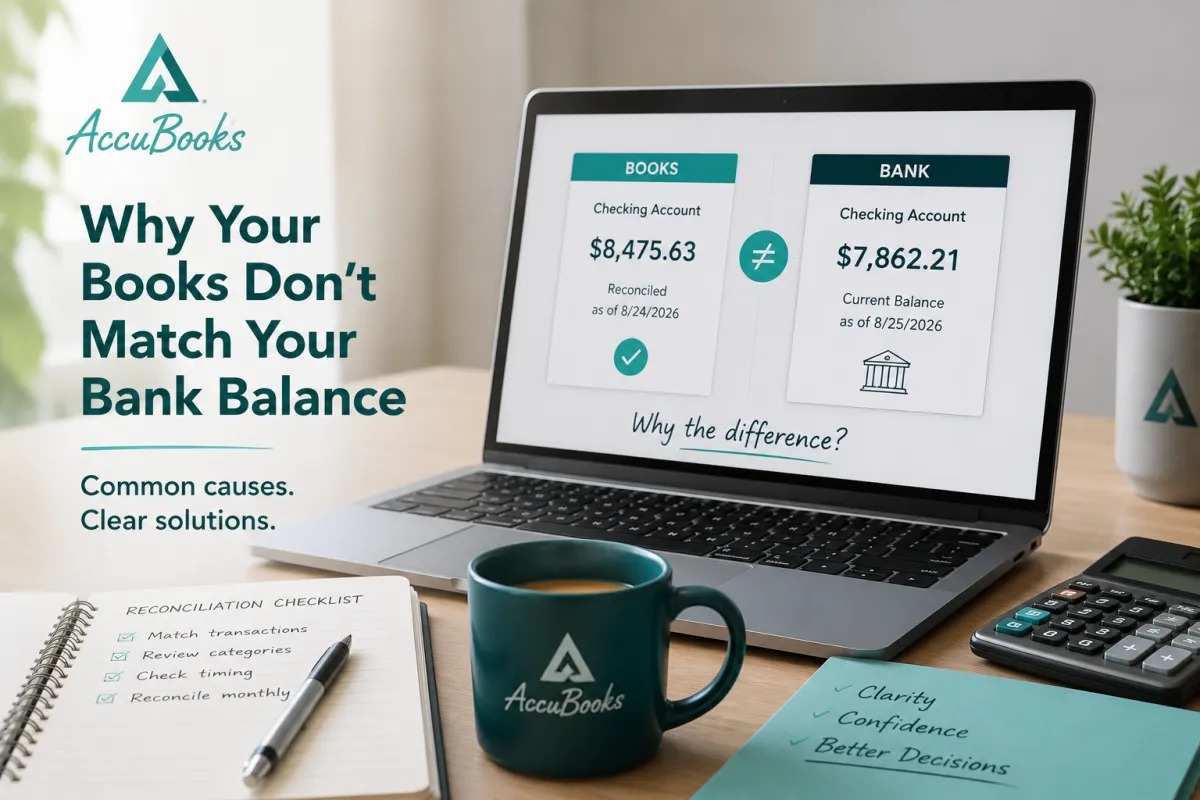 Laptop showing a difference between bookkeeping records and bank balance during account reconciliation