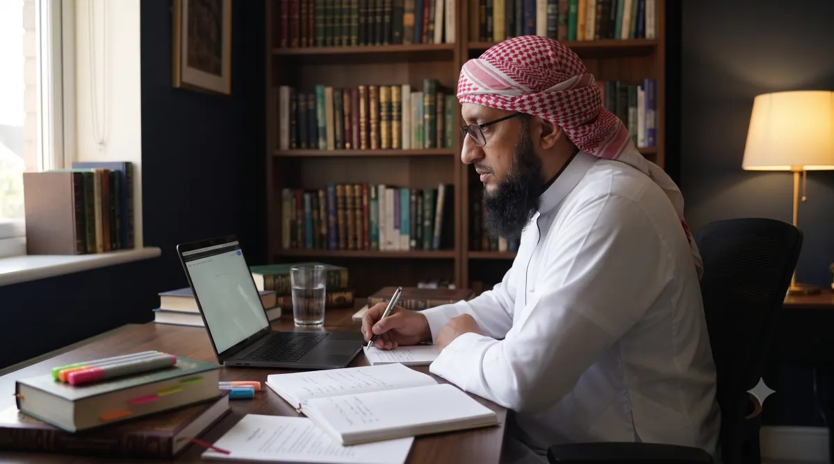 Shaykh Mohammed studying Islamic reference works at his desk