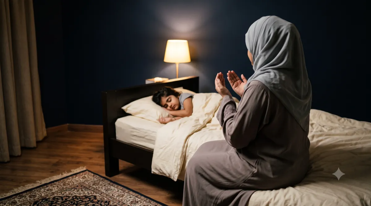 Muslim mother in hijab raising her hands in dua beside her sleeping child at bedtime