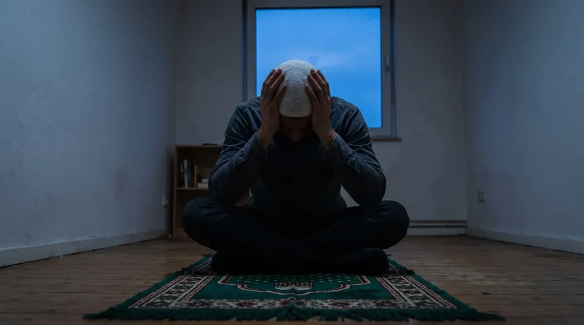 A young Muslim man on his prayer mat at dusk, hands pressed over his head, struggling with waswas