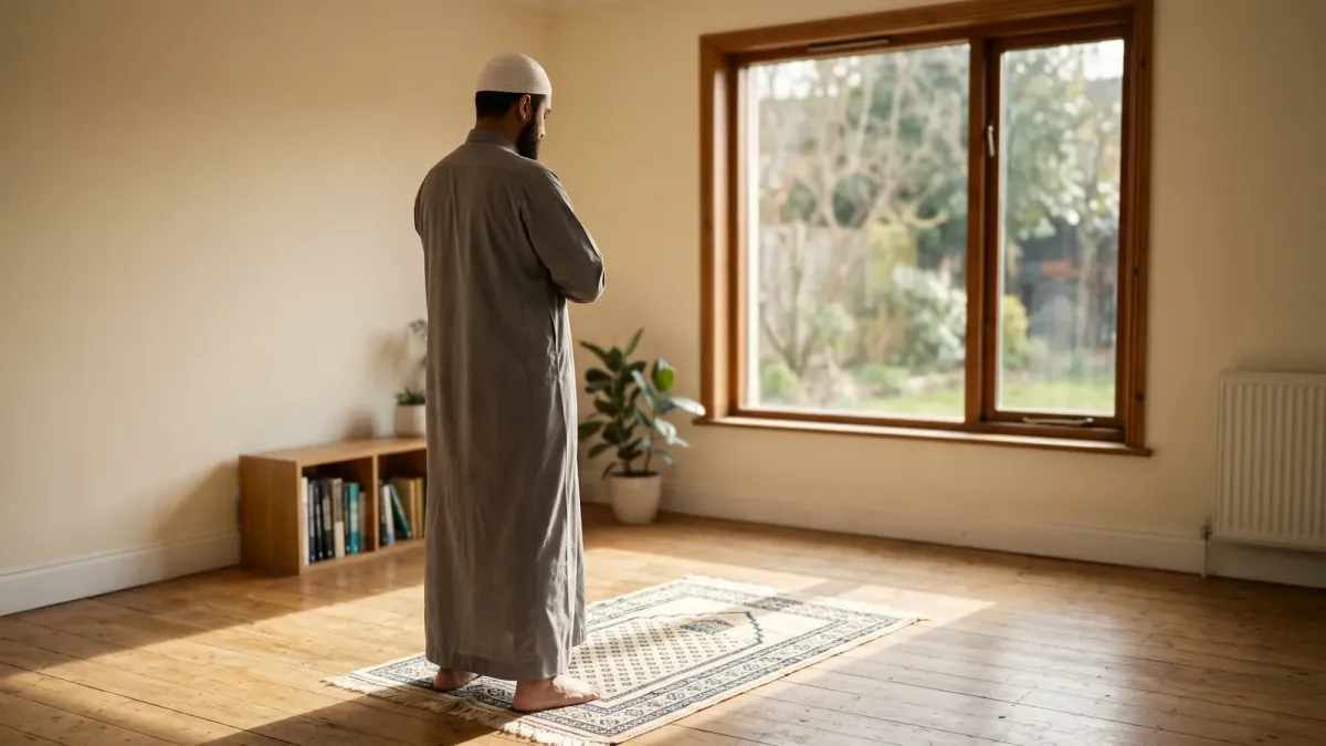 A Muslim man standing in salah at home, sunlight falling across the floor and his shoulders, face not visible
