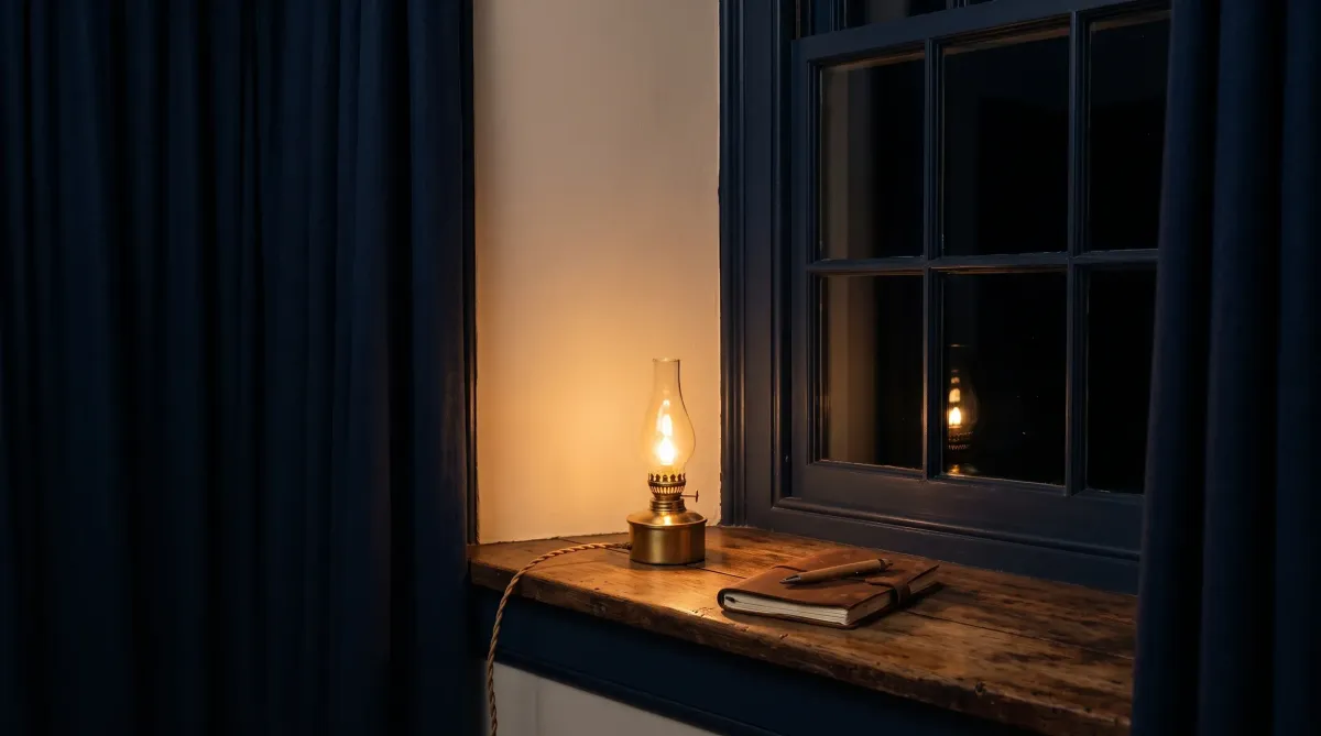 A single lamp lit beside a window at night, soft warm light against deep navy